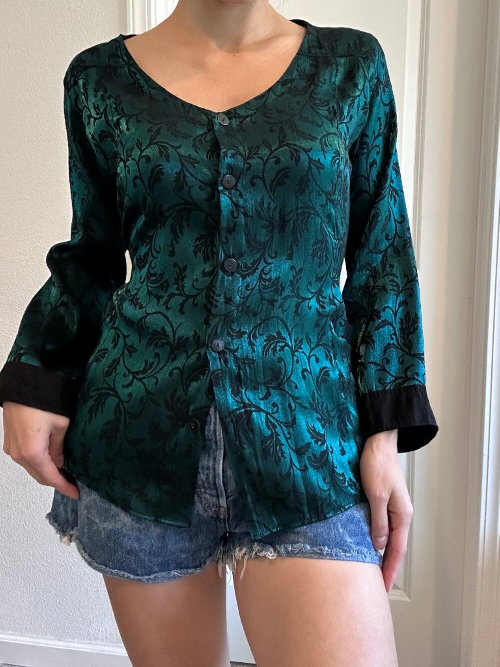 Vintage Bohomian Handcrafted Jacquard Back Ties Blouse size M Emerald